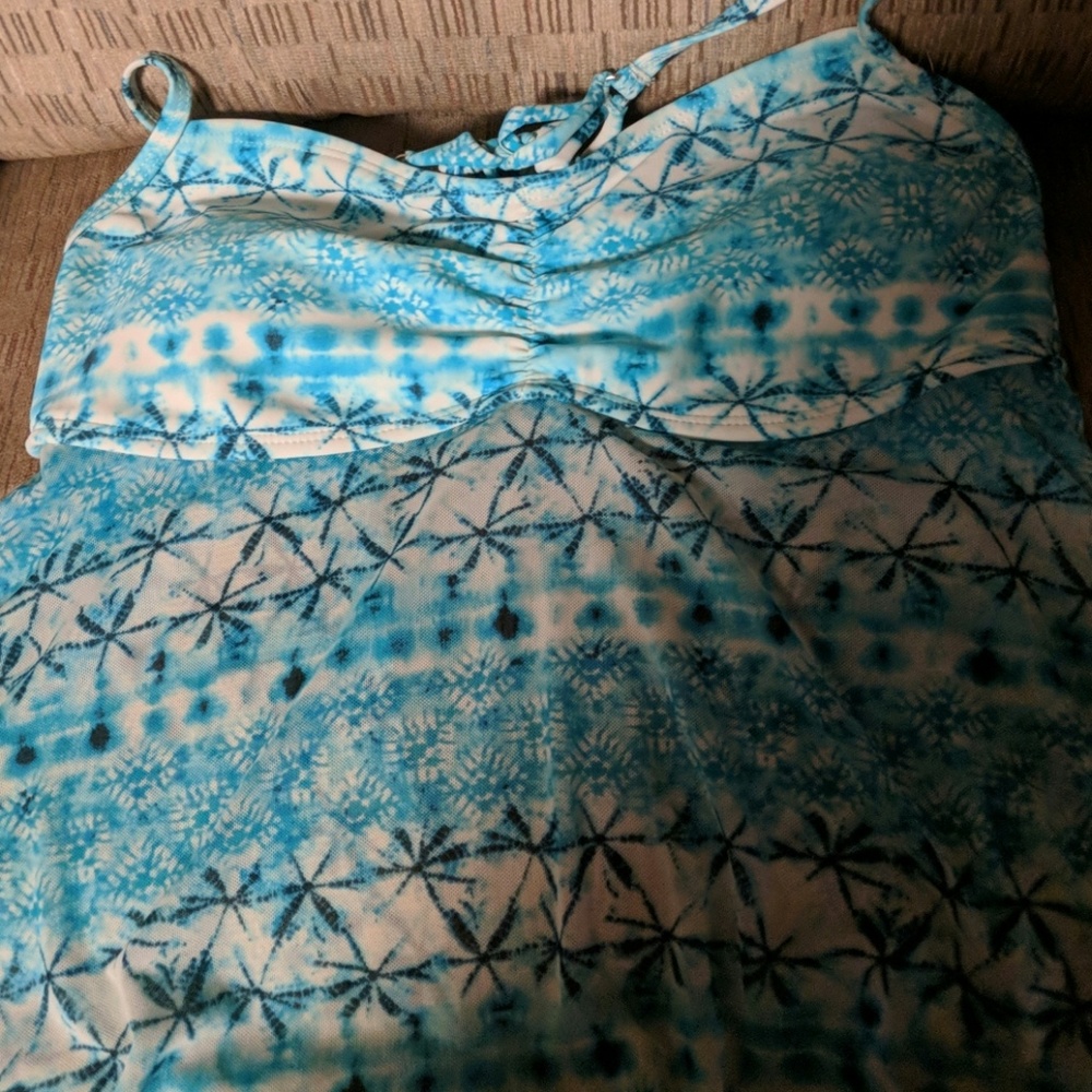 Blue tropical print two-piece bathing suit